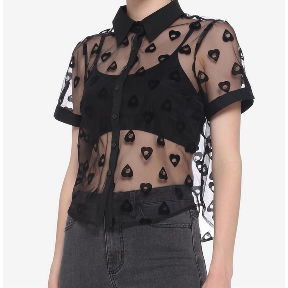 Hot Topic Tops - HOT TOPIC BLACK FLOCKED OUIJA PLANCHETTE SHEER GIRLS BUTTON UP PLUS SIZE